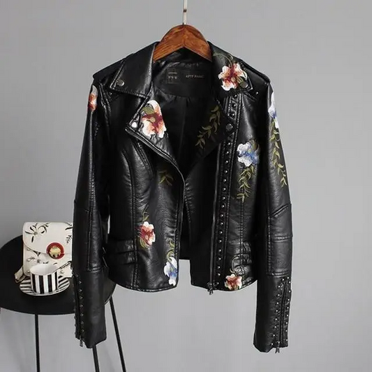 Ella | Stylish Embroidered Leather Jacket